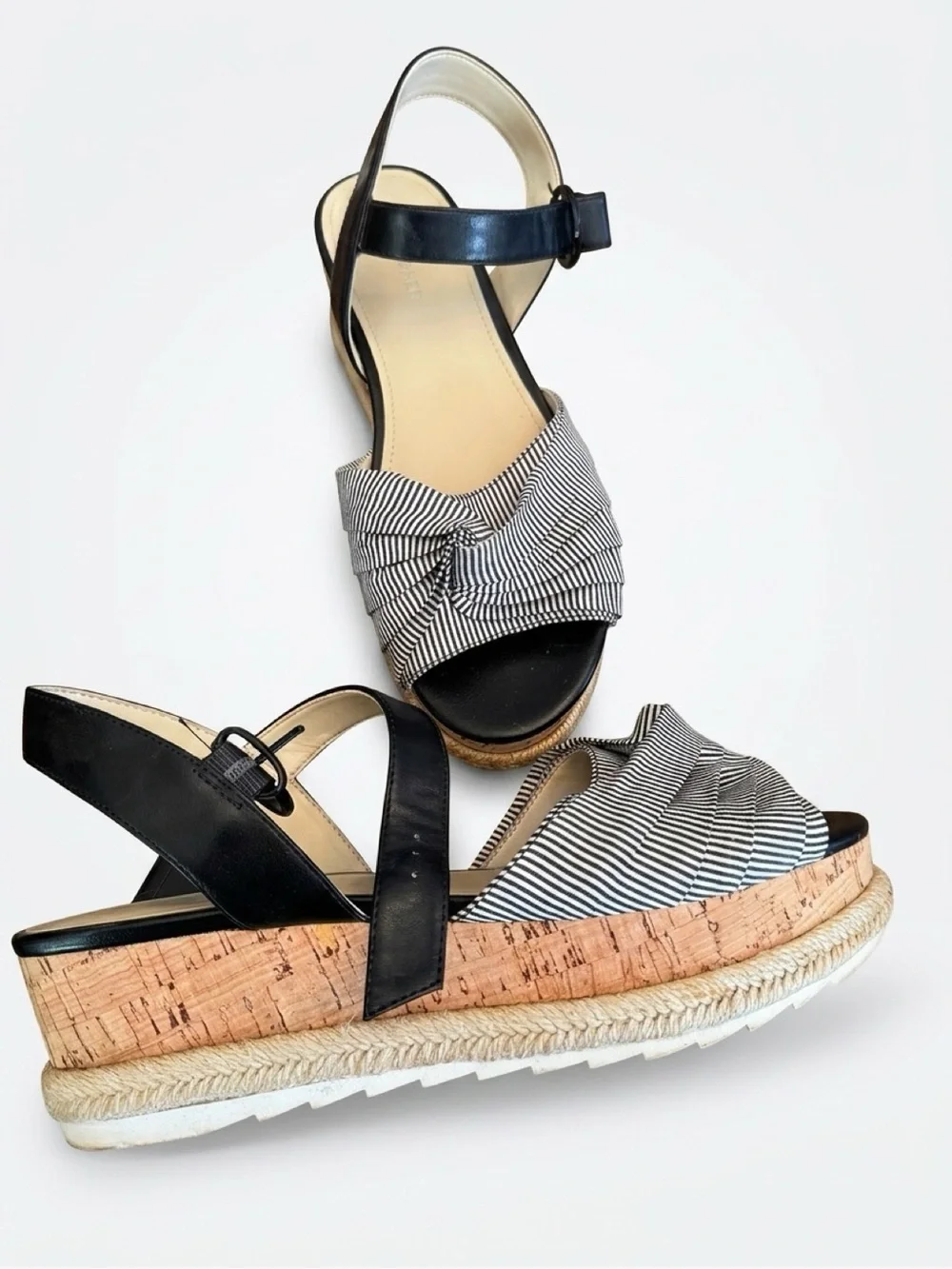 Marc Fisher Black and White Striped Cork Platform Sandals